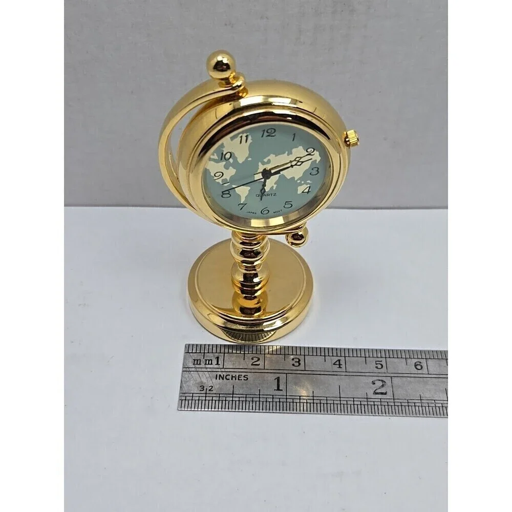 Miniature Gold World Map Desk Clock Quartz Japan Movt New Battery Working Gimbal